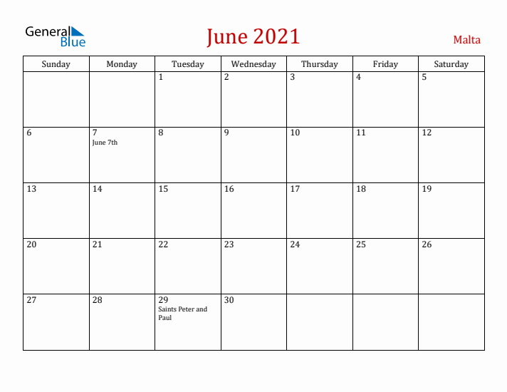 Malta June 2021 Calendar - Sunday Start