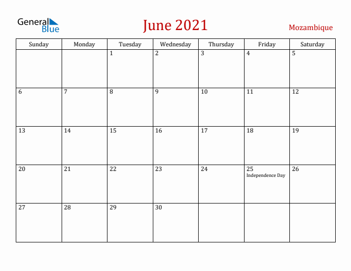 Mozambique June 2021 Calendar - Sunday Start