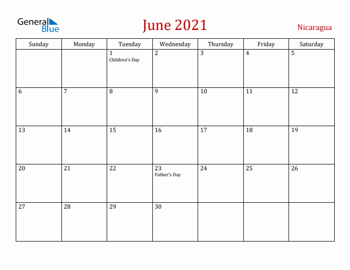 Nicaragua June 2021 Calendar - Sunday Start