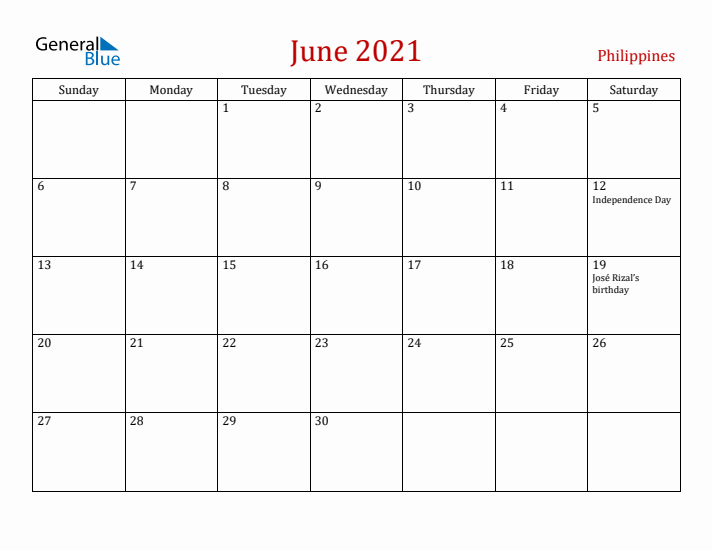 Philippines June 2021 Calendar - Sunday Start