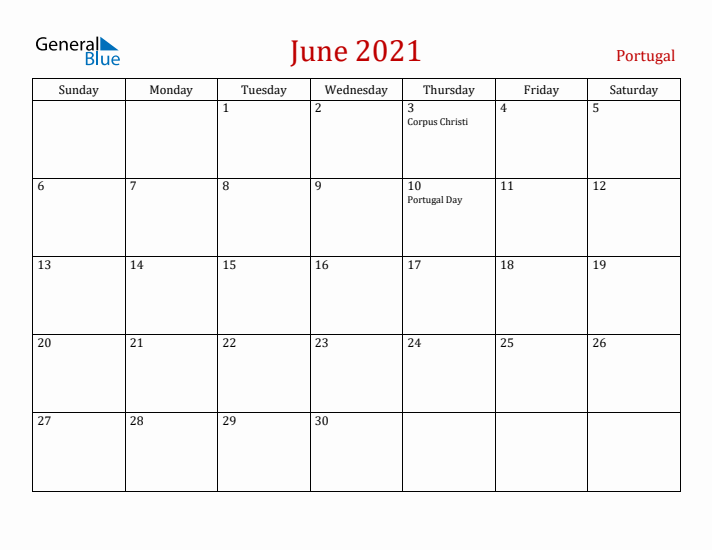 Portugal June 2021 Calendar - Sunday Start