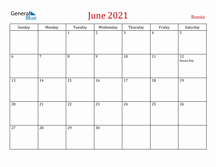 Russia June 2021 Calendar - Sunday Start