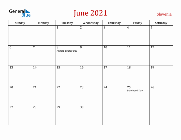 Slovenia June 2021 Calendar - Sunday Start