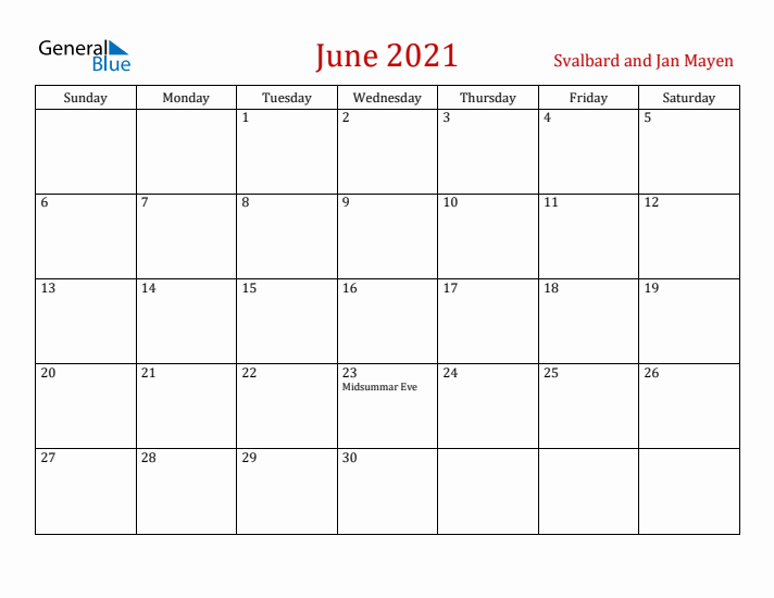 Svalbard and Jan Mayen June 2021 Calendar - Sunday Start