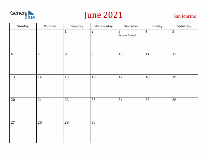 San Marino June 2021 Calendar - Sunday Start