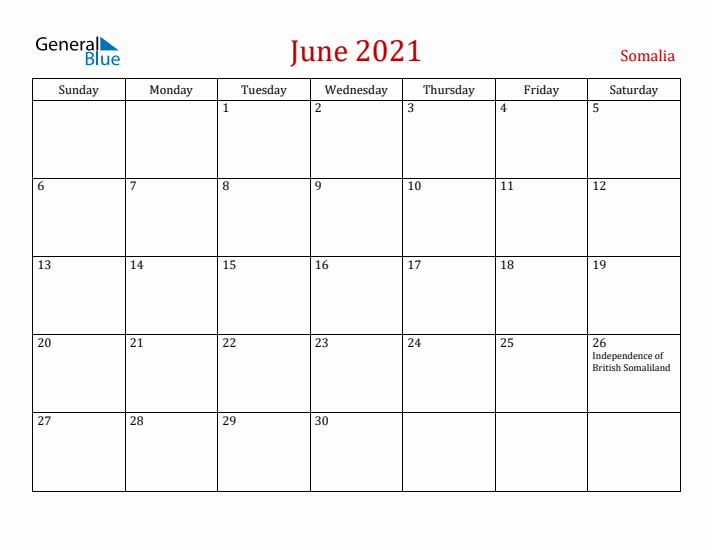 Somalia June 2021 Calendar - Sunday Start