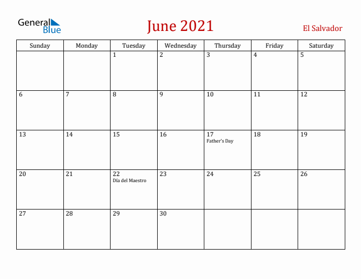 El Salvador June 2021 Calendar - Sunday Start