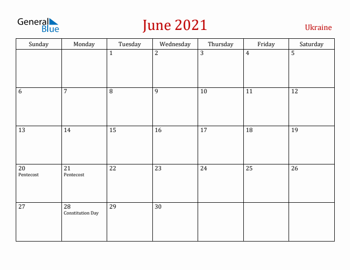 Ukraine June 2021 Calendar - Sunday Start