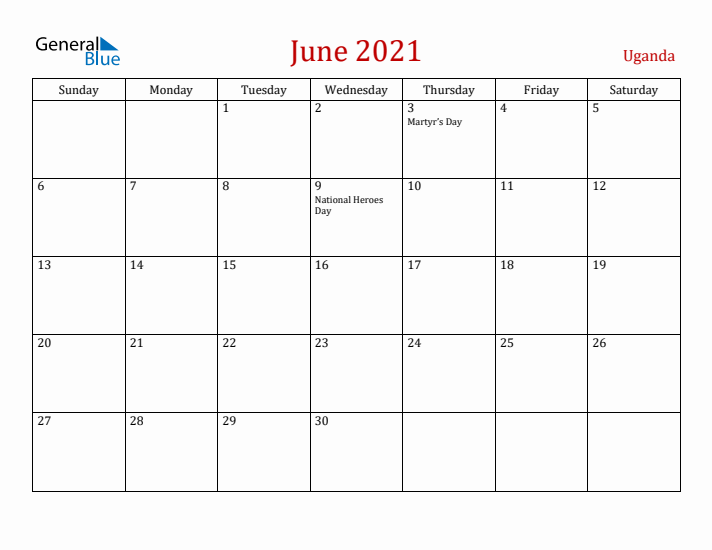 Uganda June 2021 Calendar - Sunday Start
