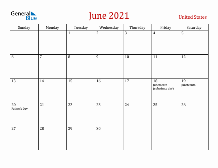 United States June 2021 Calendar - Sunday Start