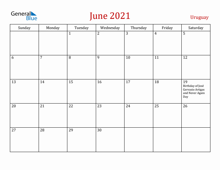 Uruguay June 2021 Calendar - Sunday Start