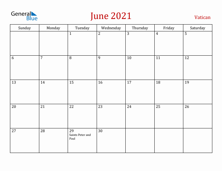 Vatican June 2021 Calendar - Sunday Start