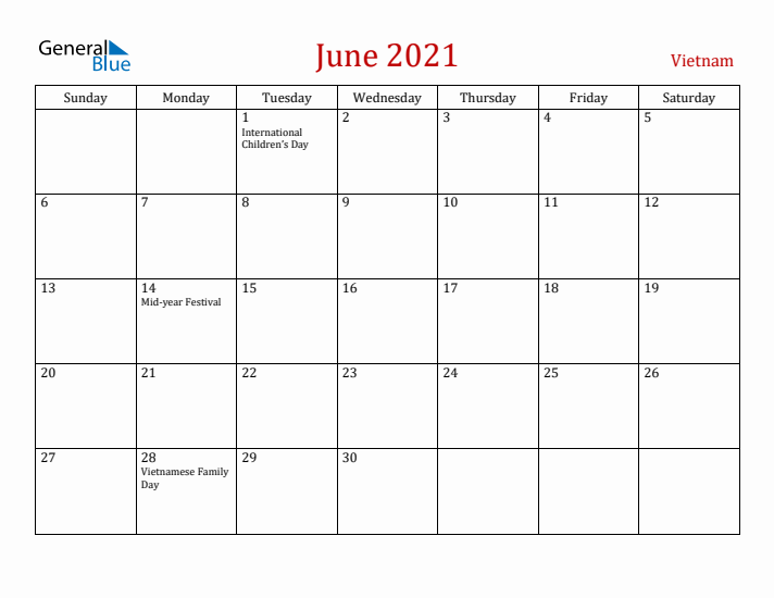 Vietnam June 2021 Calendar - Sunday Start