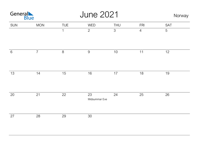 Printable June 2021 Calendar for Norway