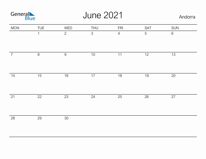 Printable June 2021 Calendar for Andorra