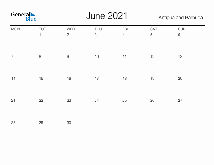 Printable June 2021 Calendar for Antigua and Barbuda