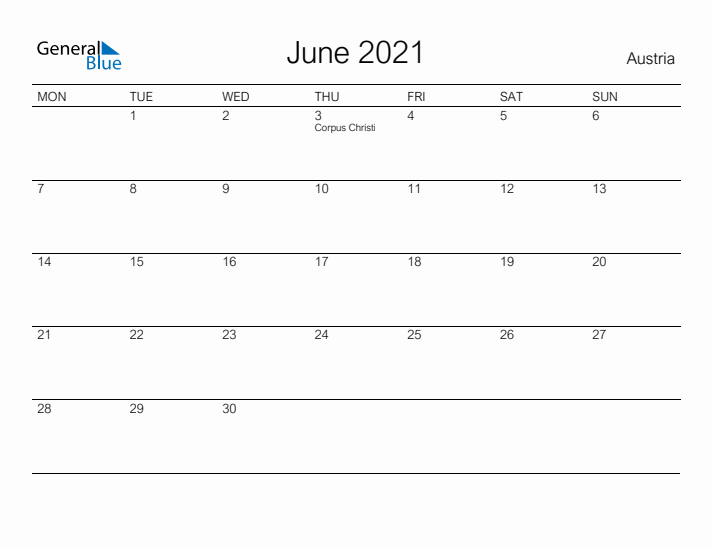 Printable June 2021 Calendar for Austria