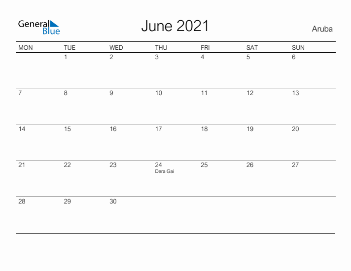 Printable June 2021 Calendar for Aruba