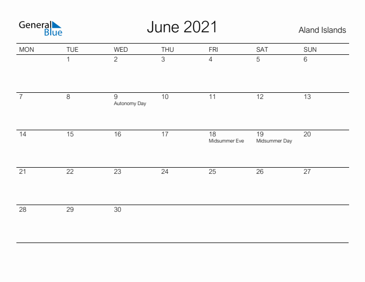 Printable June 2021 Calendar for Aland Islands