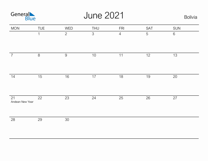 Printable June 2021 Calendar for Bolivia