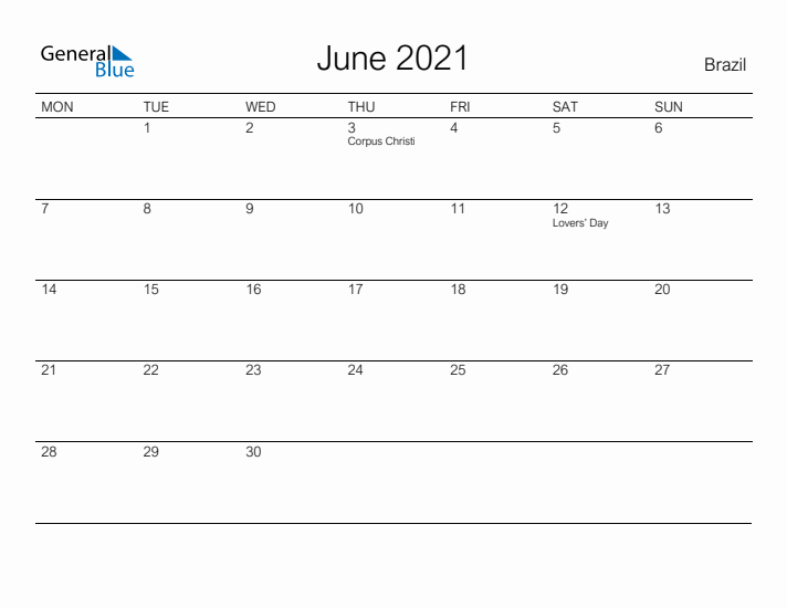 Printable June 2021 Calendar for Brazil
