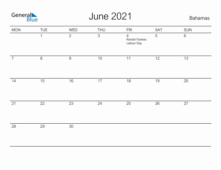 Printable June 2021 Calendar for Bahamas