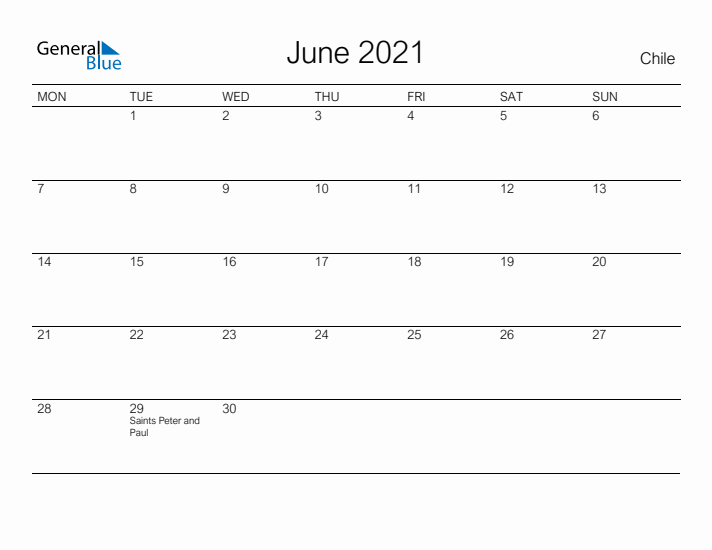 Printable June 2021 Calendar for Chile