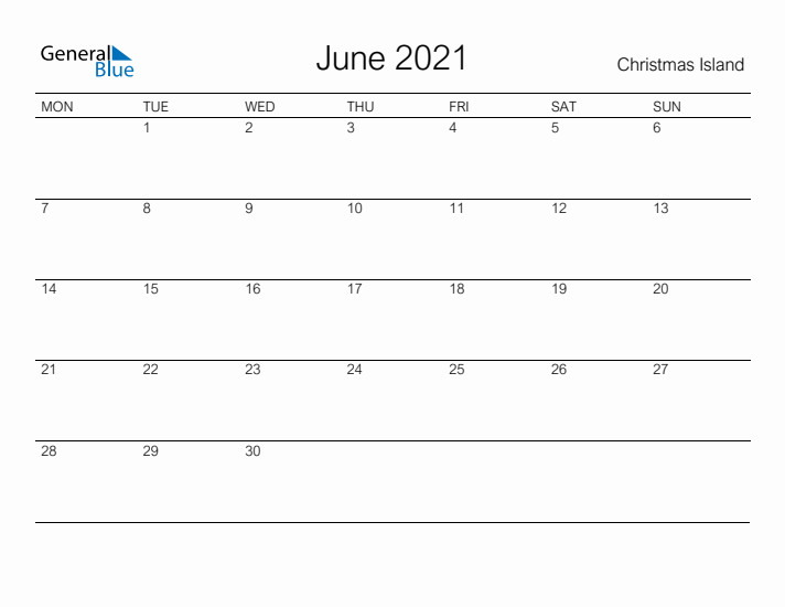 Printable June 2021 Calendar for Christmas Island
