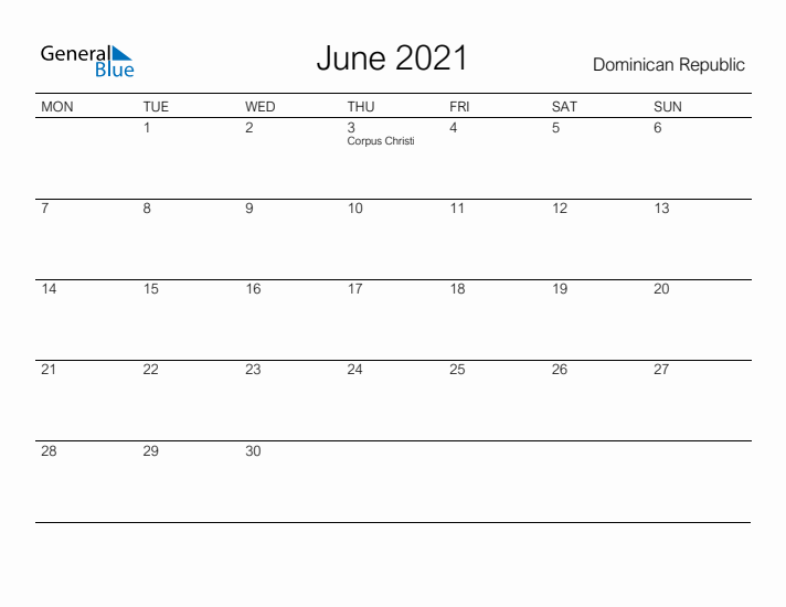 Printable June 2021 Calendar for Dominican Republic
