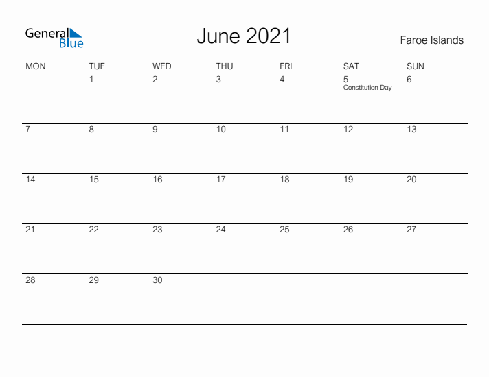 Printable June 2021 Calendar for Faroe Islands