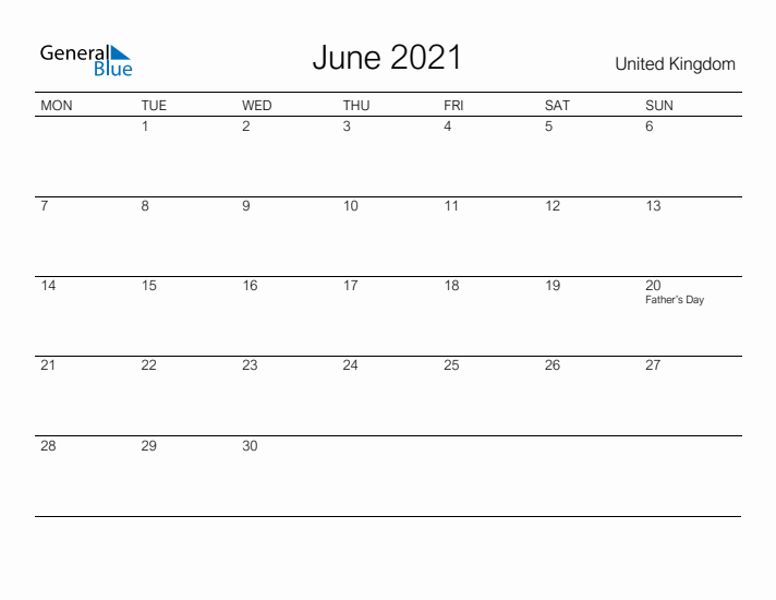 Printable June 2021 Calendar for United Kingdom