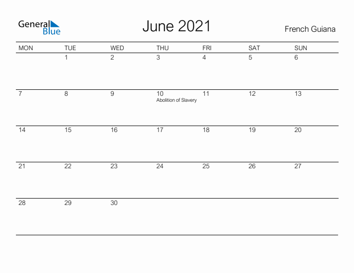 Printable June 2021 Calendar for French Guiana