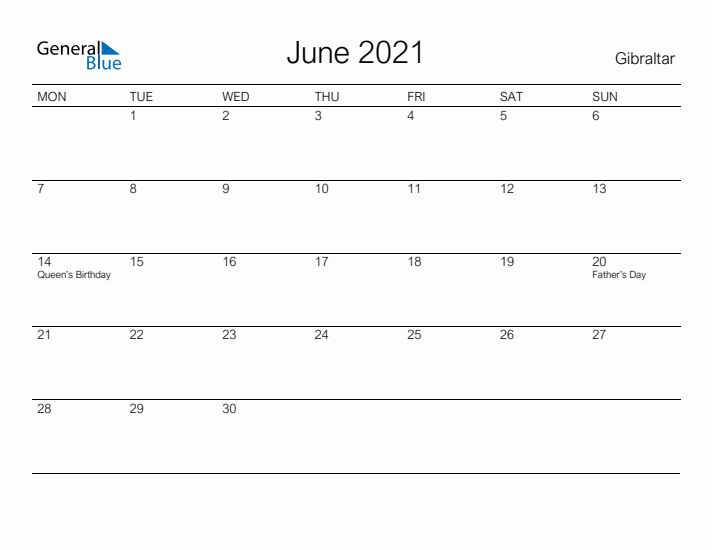 Printable June 2021 Calendar for Gibraltar