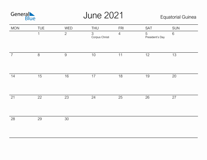 Printable June 2021 Calendar for Equatorial Guinea