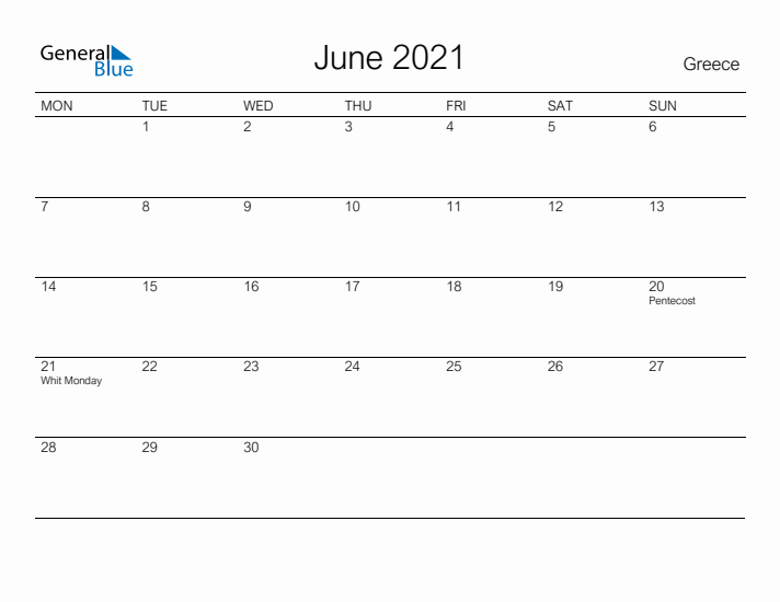 Printable June 2021 Calendar for Greece