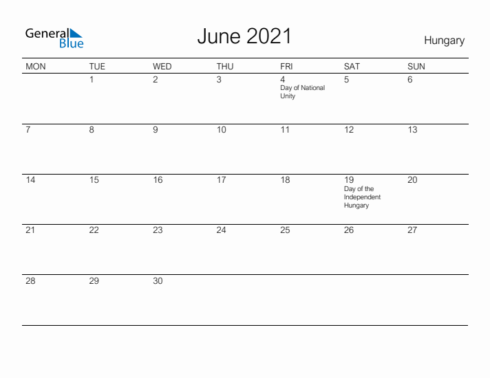 Printable June 2021 Calendar for Hungary
