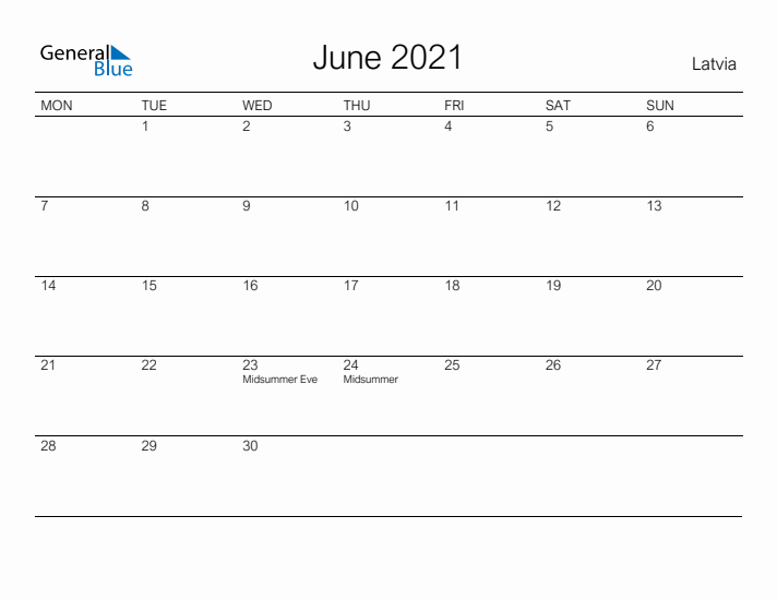 Printable June 2021 Calendar for Latvia