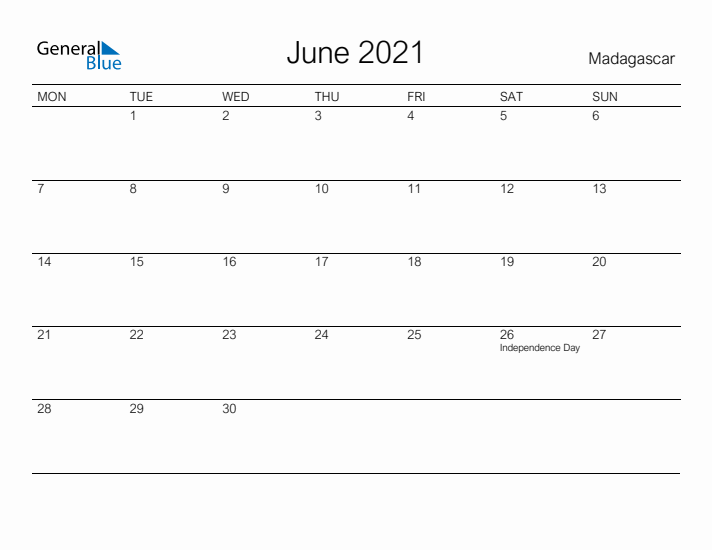 Printable June 2021 Calendar for Madagascar