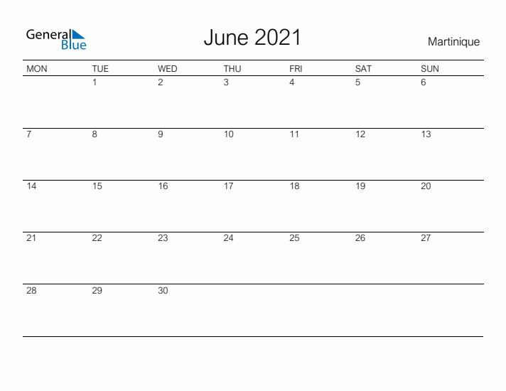 Printable June 2021 Calendar for Martinique