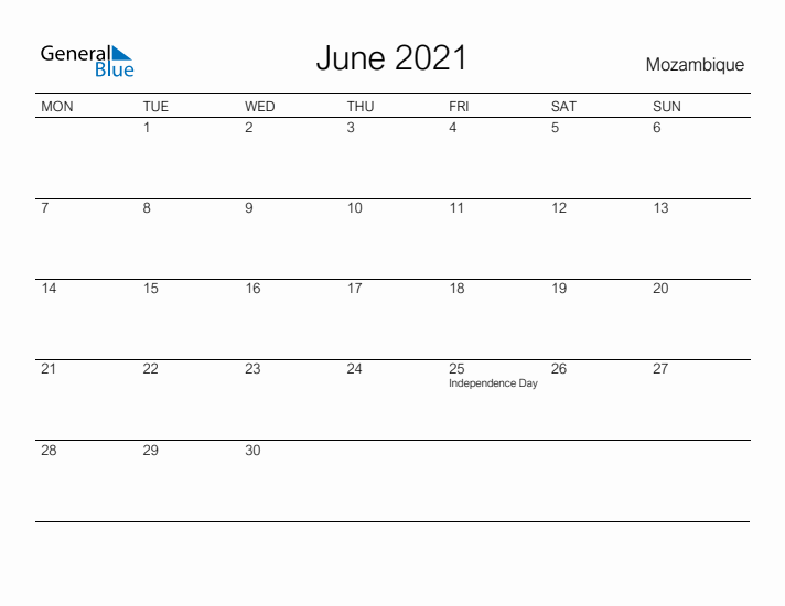 Printable June 2021 Calendar for Mozambique