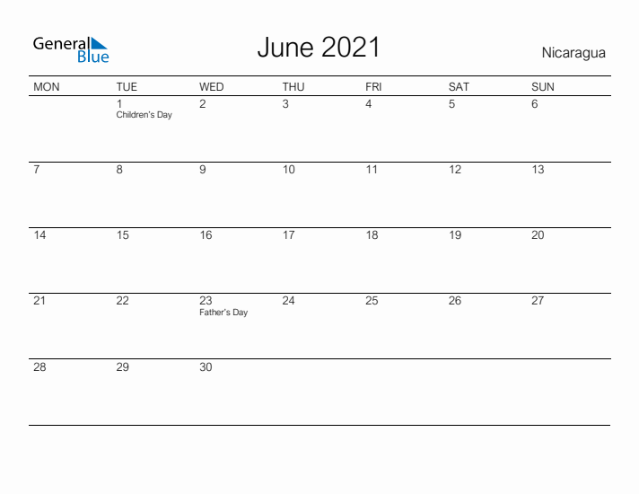 Printable June 2021 Calendar for Nicaragua