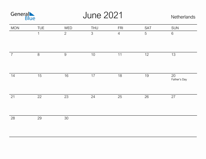 Printable June 2021 Calendar for The Netherlands