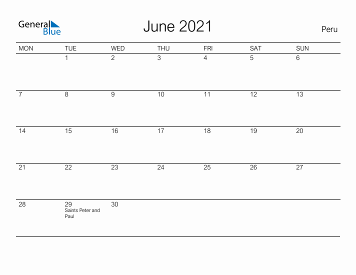 Printable June 2021 Calendar for Peru