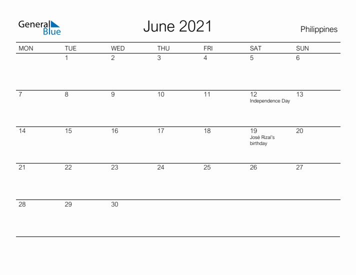 Printable June 2021 Calendar for Philippines