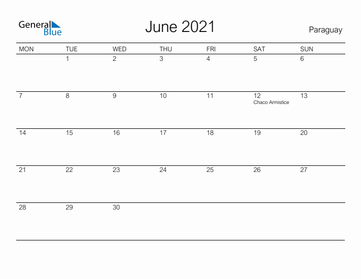 Printable June 2021 Calendar for Paraguay