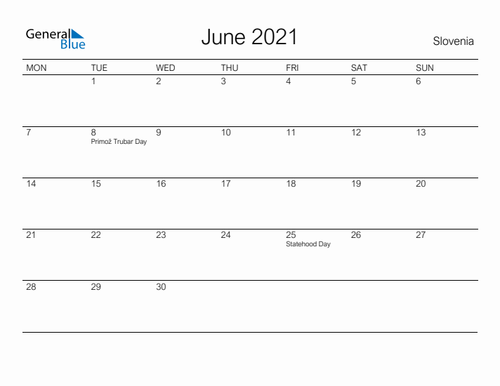 Printable June 2021 Calendar for Slovenia