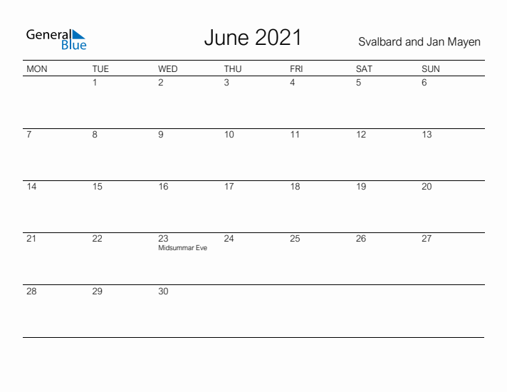 Printable June 2021 Calendar for Svalbard and Jan Mayen