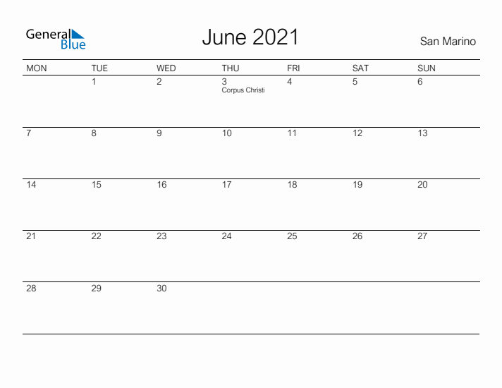 Printable June 2021 Calendar for San Marino