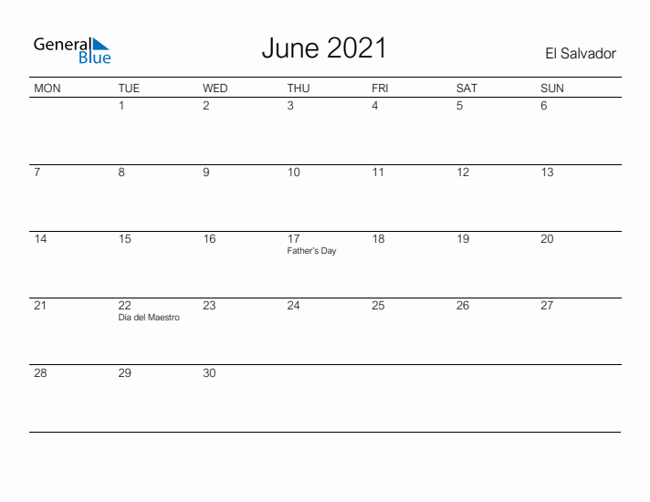 Printable June 2021 Calendar for El Salvador