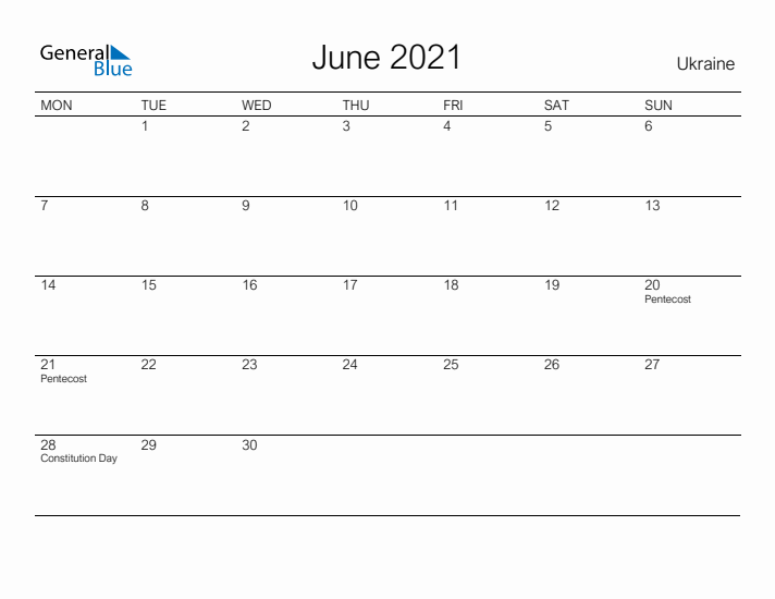 Printable June 2021 Calendar for Ukraine